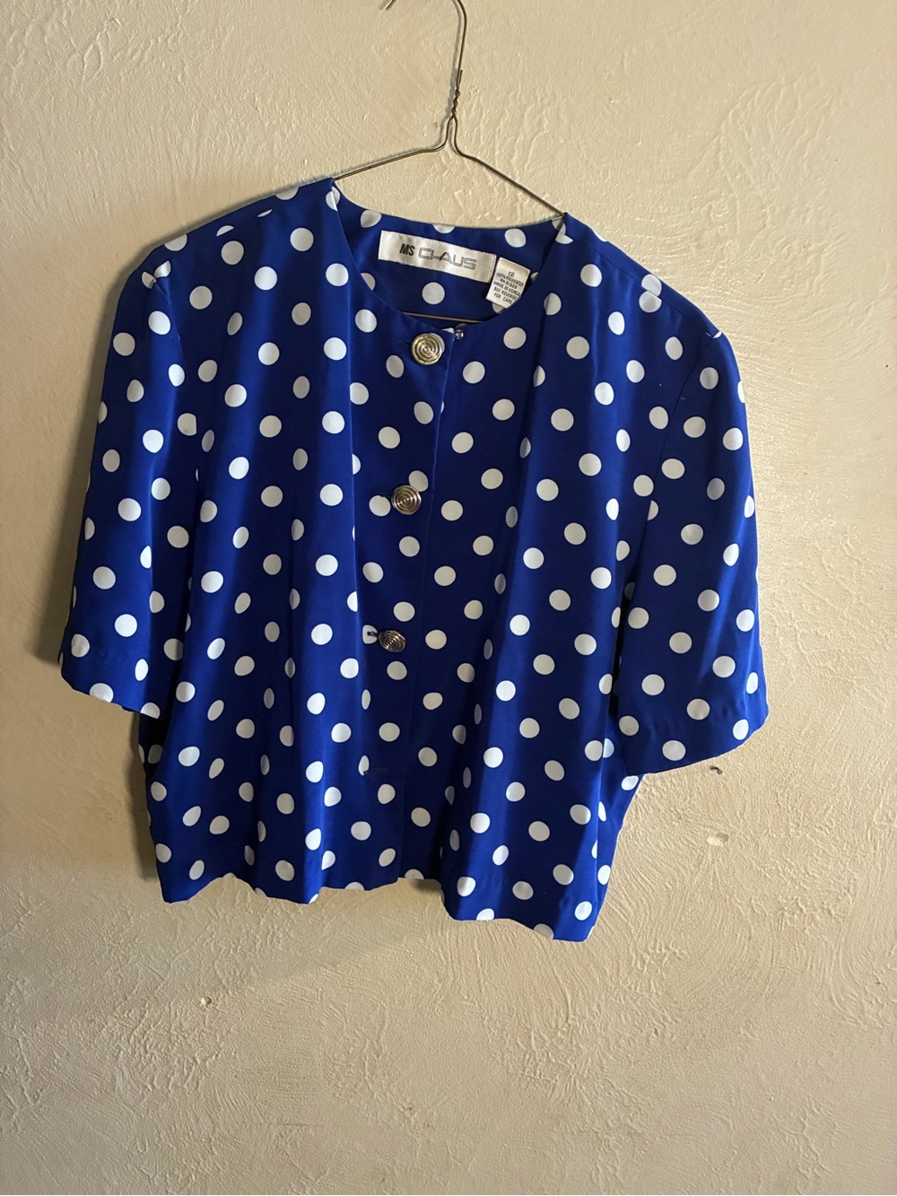 Chaus Royal Blue White Polka Dot Button-Front Top,Vintage